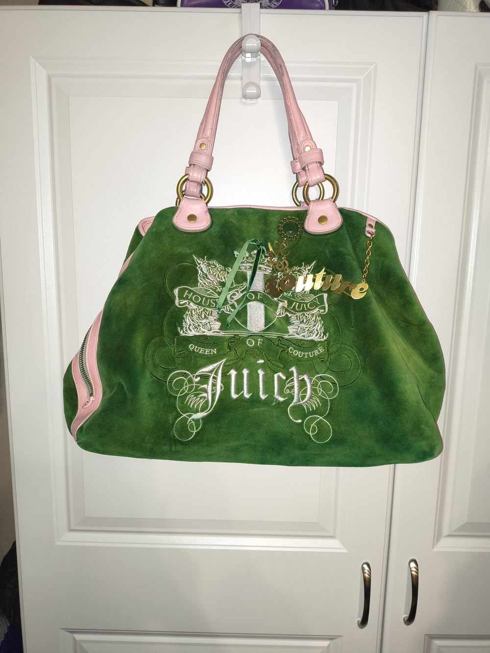 Juicy Couture Green Suede Tote with Pink Trim and Gold Charm